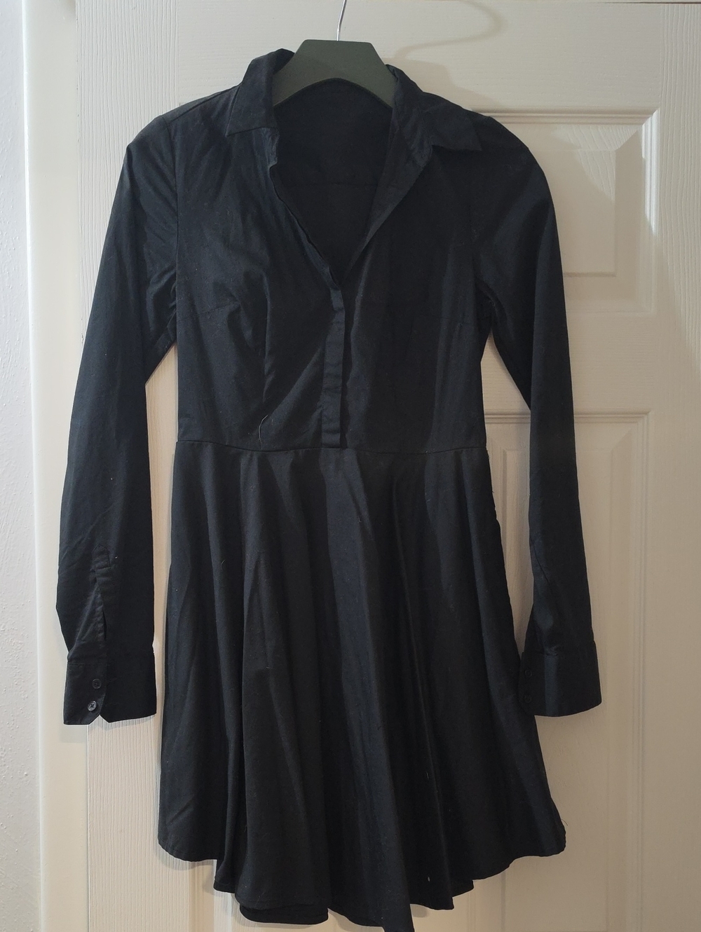 Express Black Long-Sleeve Collared Fit-and-Flare Dress